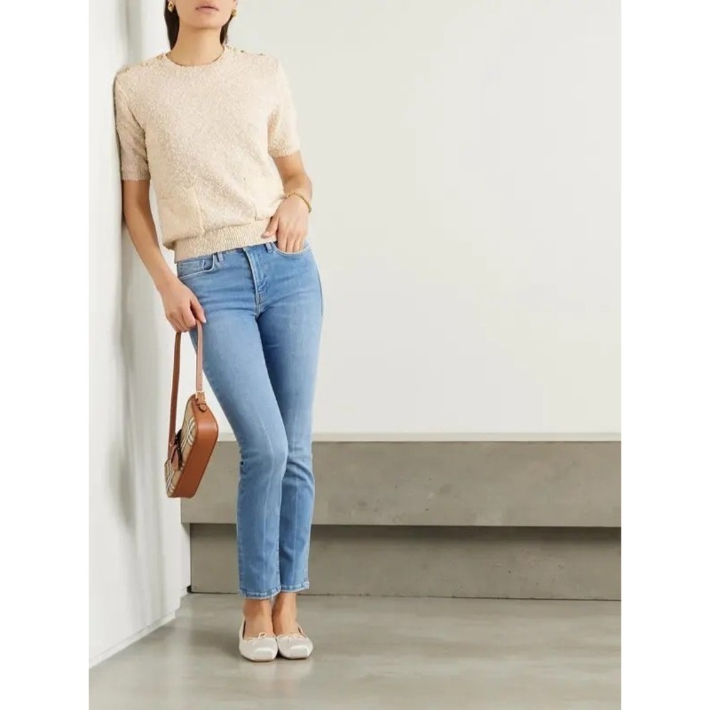 Frame Womens Gold‎ Button Cream Embellished Boucle Knit Short Sleeve Sweater XS